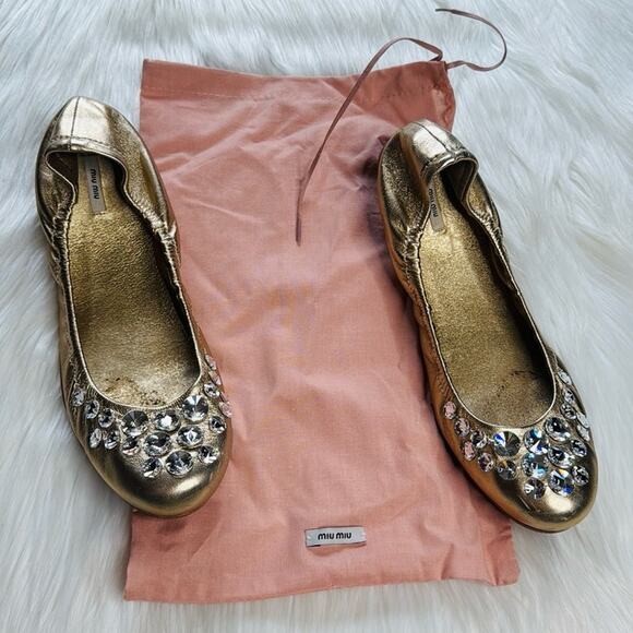 Miu Miu Gold Rhinestone Embellished Scrunch Flats - Picture 9 of 9